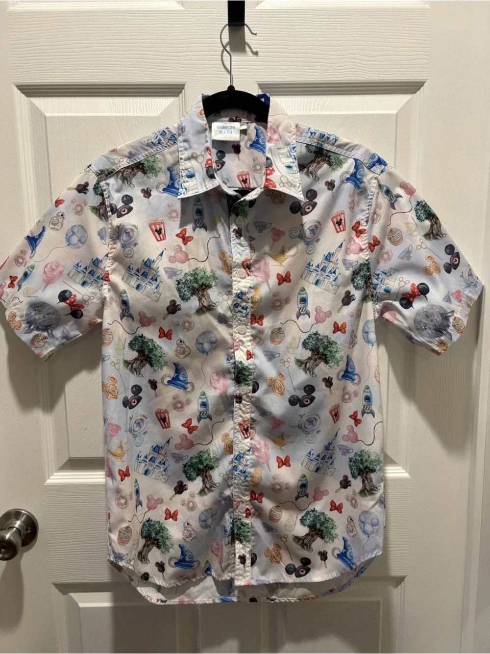Rainbow White Short Sleeve Button-Down Shirt with Multicolor Theme Park Print